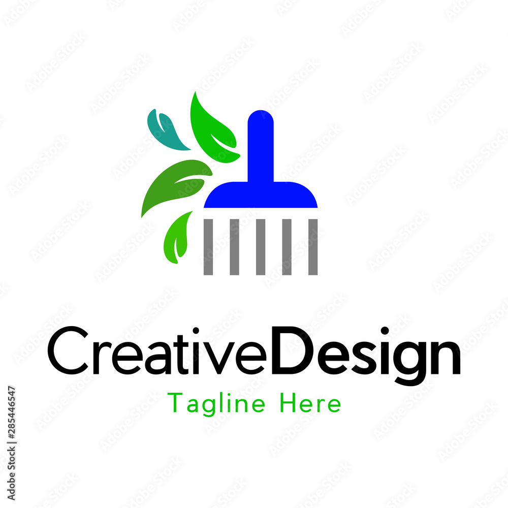 Fototapeta premium Eco clean vector logo design. Suitable for business, nature, technology and cleaning service, Green broom logo design. Tool for dust cleaning with leaf icon. 