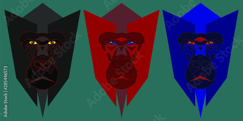 Three abstract emblems with gorilla muzzles