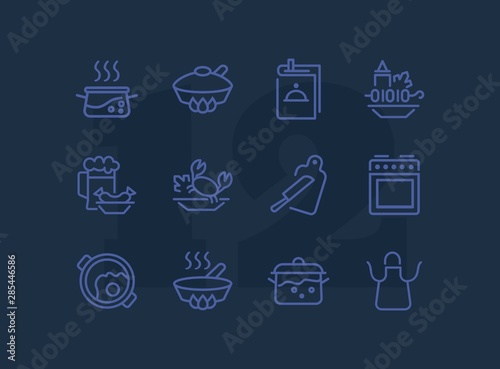 Cooking line icon set. Set of line icons on white background. Kitchenware concept. Knife, frying pan, stewing. Vector illustration can be used for topics like cooking, food, kitchen