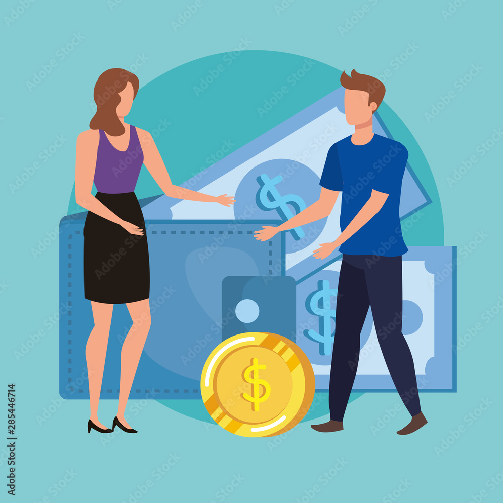 Fototapeta premium young couple with coins and bills money characters