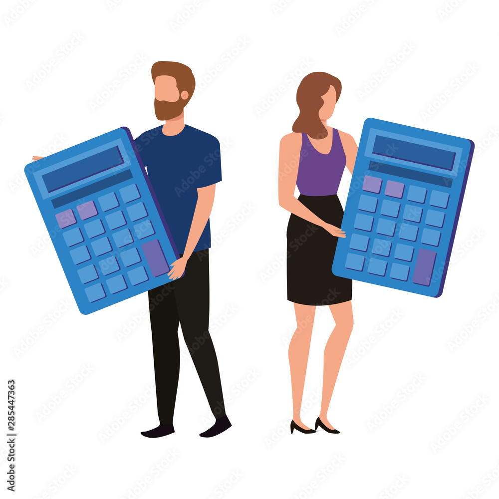 young couple with calculators characters young couple with calculators characters
