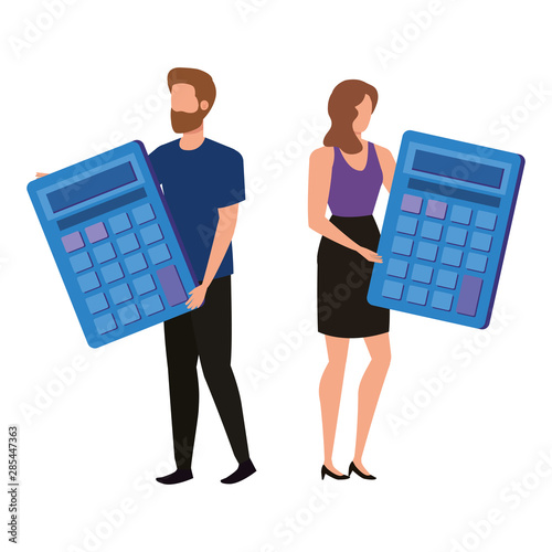 young couple with calculators characters