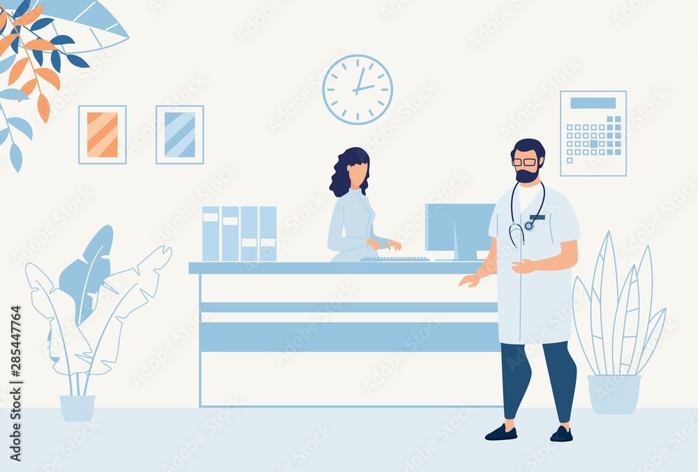 Doctor Talking to Nurse at Reception Desk Cartoon Doctor Talking to Nurse at Reception Desk Cartoon