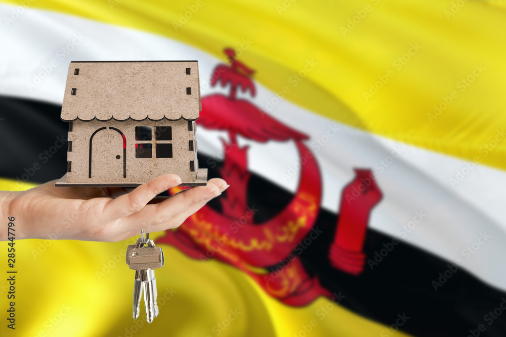 Woman hand holding wooden house and keys with hand. Brunei flag with concept of rent, purchase, insurance, building real estate, eco house. Woman hand holding wooden house and keys with hand. Brunei flag with concept of rent, purchase, insurance, building real estate, eco house.