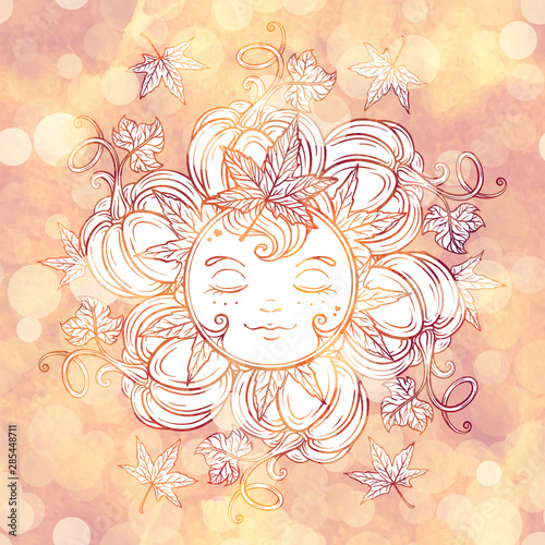 Autumn harvest sun spirit. Colorful seasonal illustration.