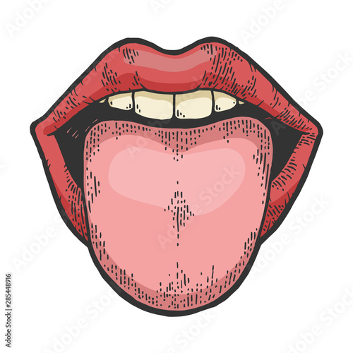 Tongue showing out of mouth color sketch engraving vector illustration. Scratch board style imitation. Black and white hand drawn image.
