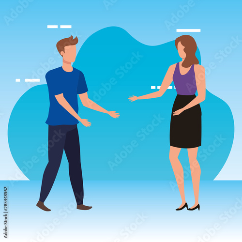 young couple with avatars characters
