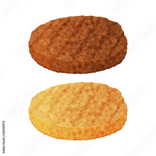 Two chops. Chicken and beef. Object for packaging, advertisements, menu. Isolated on white. Vector illustration. Realistic.
