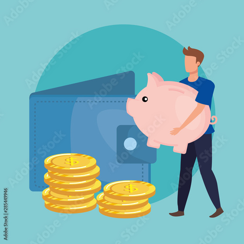 young man with piggy savings character