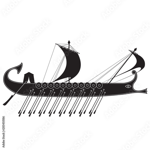 black and white image of an ancient Greek ship. vector illustration.