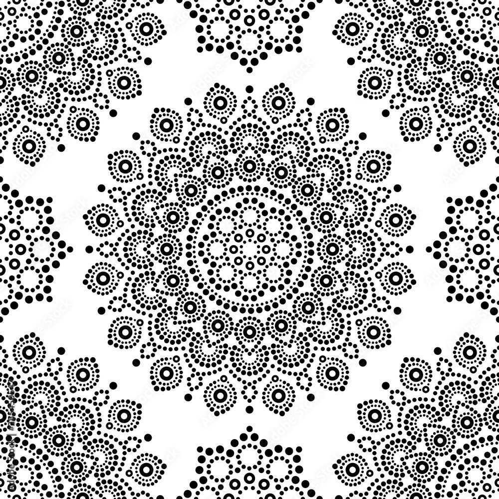 Dot painting monochrome vector seamless pattern with mandalas, Australian ethnic design, Aboriginal dots pattern in black and white background 