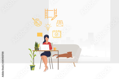 Female freelancer working at computer. Sofa, home, cat. Remote job concept. Vector illustration can be used for presentation slide, poster, new project