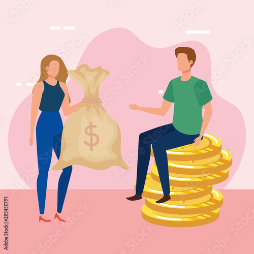 young couple with coins and money sack