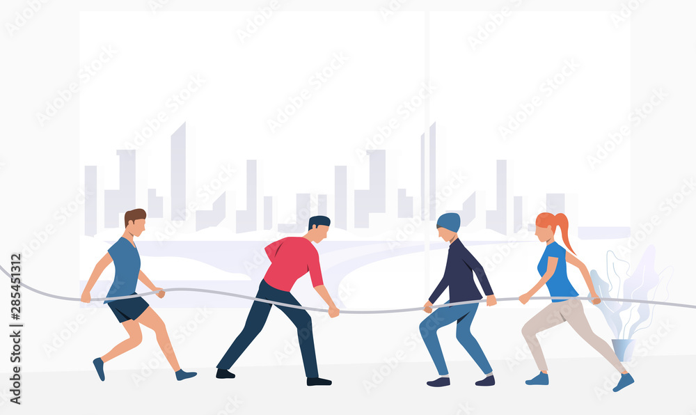 Sporty teens playing tug-of-war. Male and female cartoon characters pulling  on opposite ends of rope in city. Vector illustration for banner, postcard,  commercial Stock Vector