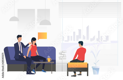 Young couple talking to family psychologist vector illustration. Psychotherapy, consultation, mental health. Family therapy. Can be used for webpages, slides and leaflets