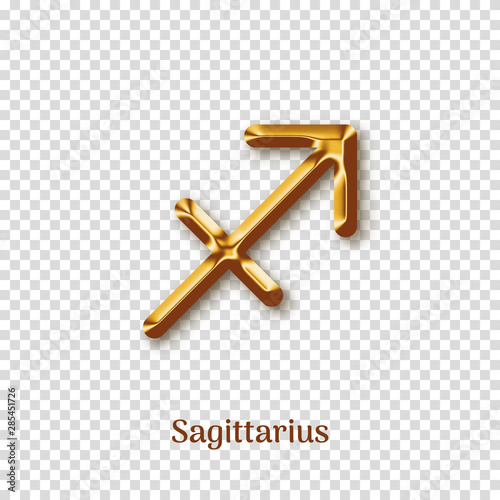 Sagittarius golden zodiac sign with shadow isolated on transparent background. Luxury star sign for astrology horoscope prediction. Realistic gold design of horoscope constellation vector illustration