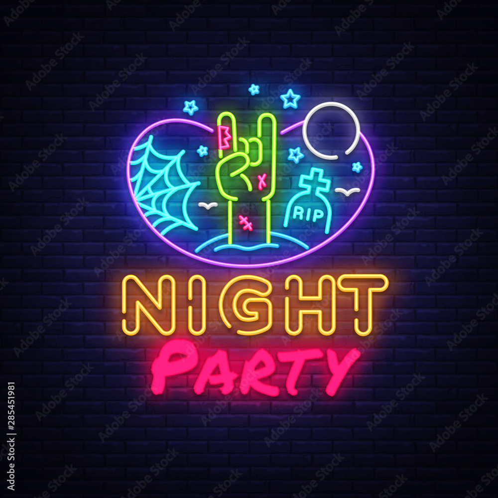 Halloween Party neon sign design template. Night Party neon poster, light banner design element colorful modern design trend, night bright advertising, bright sign. Vector illustration