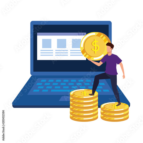 young man with laptop and money