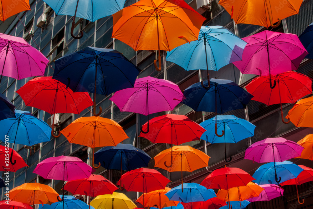 Colorful umbrellas hanging next to each