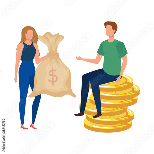 young couple with coins and money sack