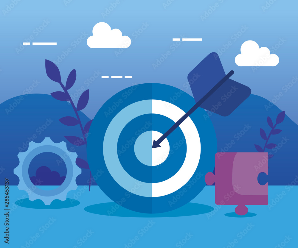 target with arrow and gear with puzzle and plants target with arrow and gear with puzzle and plants
