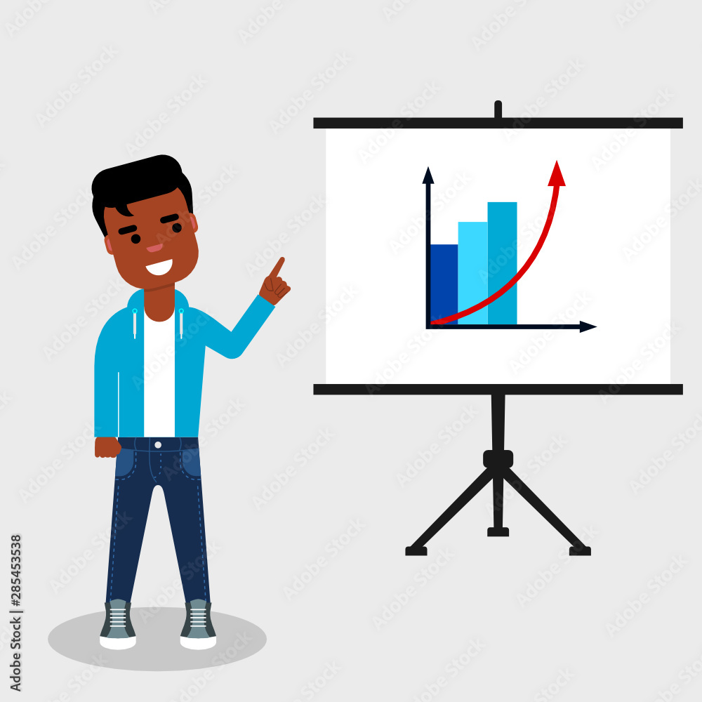 Young happy African American is standing near flip chart pointing at the success graph. Successful project concept. Positive trend. Graph with an arrow pointed up. Business success. Vector, flat Young happy African American is standing near flip chart pointing at the success graph. Successful project concept. Positive trend. Graph with an arrow pointed up. Business success. Vector, flat