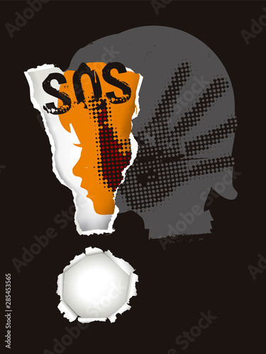   SOS warning Violence against children. Little girl stylized head silhouette with hand print after hand slap in ripped paper exclamation mark. Vector available.