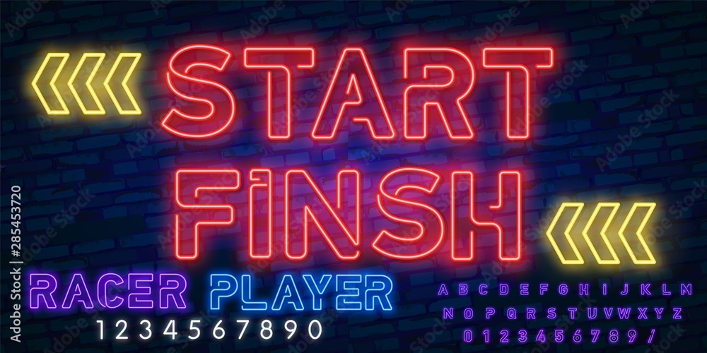 Start - Finish neon sign with neon alphabet. Video game tournaments. Glowing signs. Vector isolated illustrations