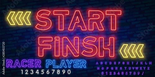 Start - Finish neon sign with neon alphabet. Video game tournaments. Glowing signs. Vector isolated illustrations