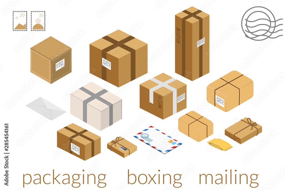 Carton boxes set. Isometric box packing stages icons Vector cartoon vector illustration