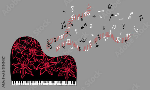 赤い花のグランドピアノと音符 Grand piano - red flower with notes