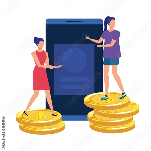 young women with smartphone and money
