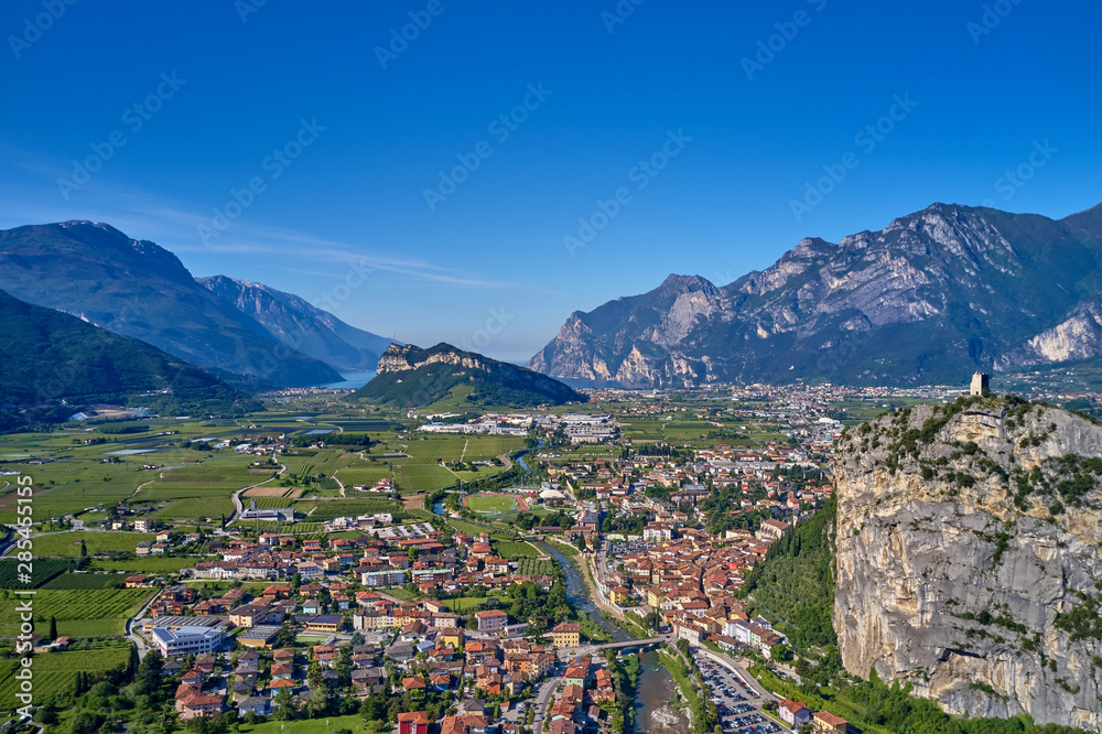 Panorama of Lake Garda surrounded by mountains in Riva del Garda, Italy. Lake Garda Italy. Aerial view