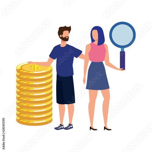 young couple with coins and magnifying glass