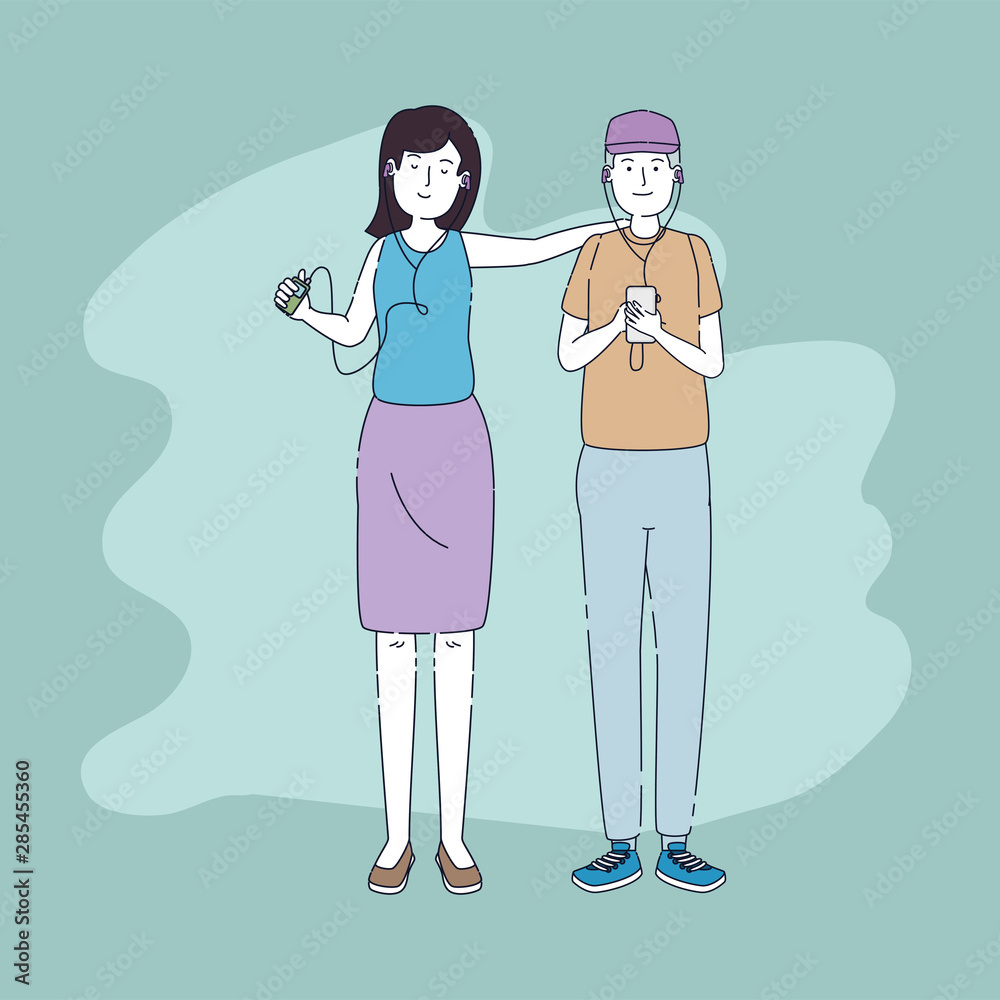 Obraz premium young couple friends listen music with player