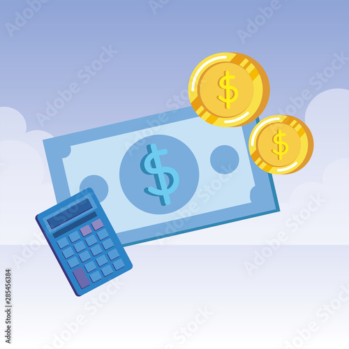 coins and bills money dollars with calculator