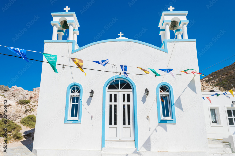 Facade of the traditional church of saint Nicolaos in Firopotamos village in Milos island, Greece