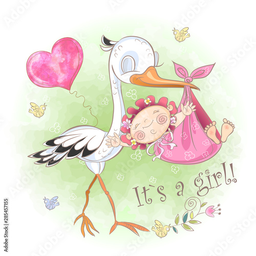 Stork flies with baby girl. Baby shower. Postcard for the birth of a baby. Vector. Watercolor