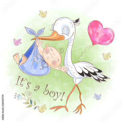 Stork flies with baby boy. Baby shower. Postcard for the birth of a baby. Vector. Watercolor