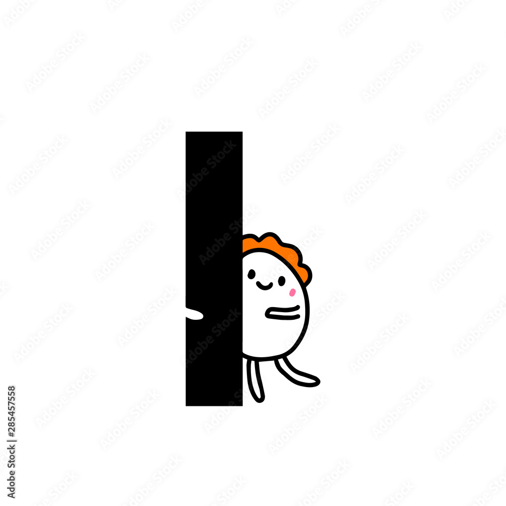I letter hand drawn cartoon illustration with cute cartoon comic man smiling