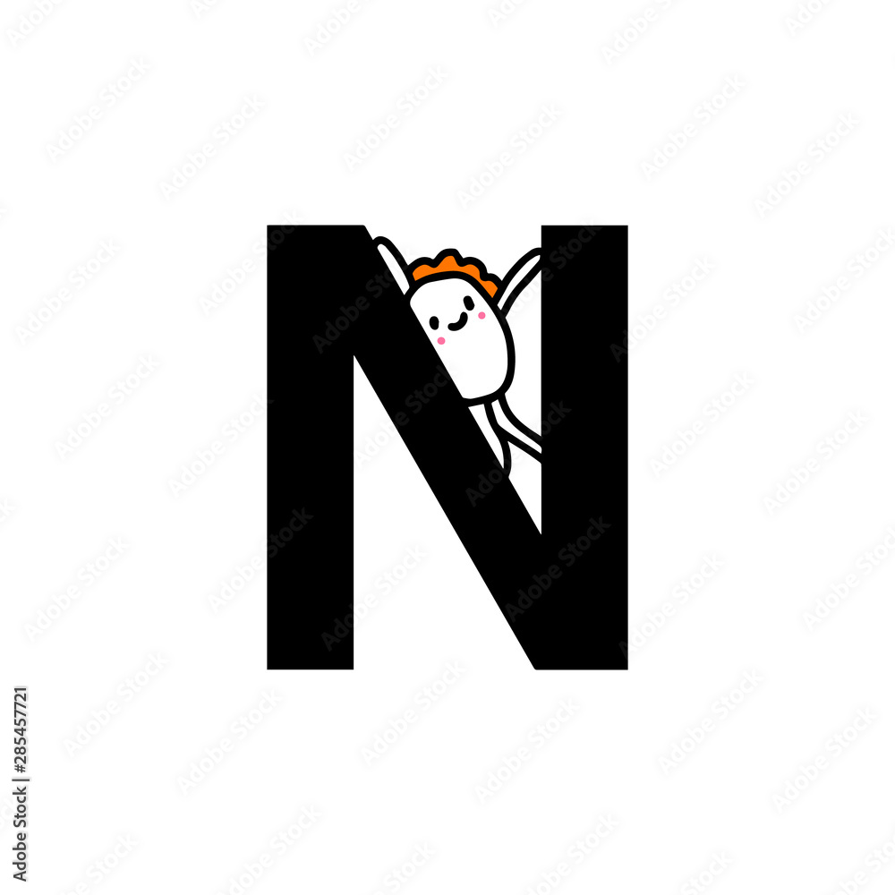 N letter hand drawn cartoon illustration with cute cartoon comic man smiling N letter hand drawn cartoon illustration with cute cartoon comic man smiling
