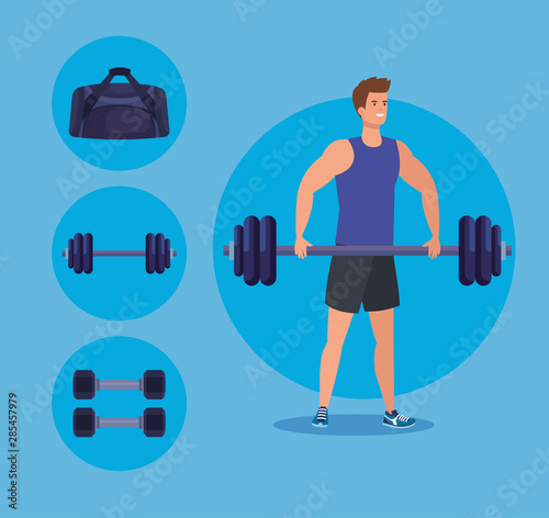 healthy man with weight and dumbbells to exercise