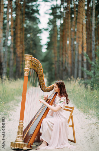 Quadro su tela Woman harpist sits at forest and plays harp against a background of pines