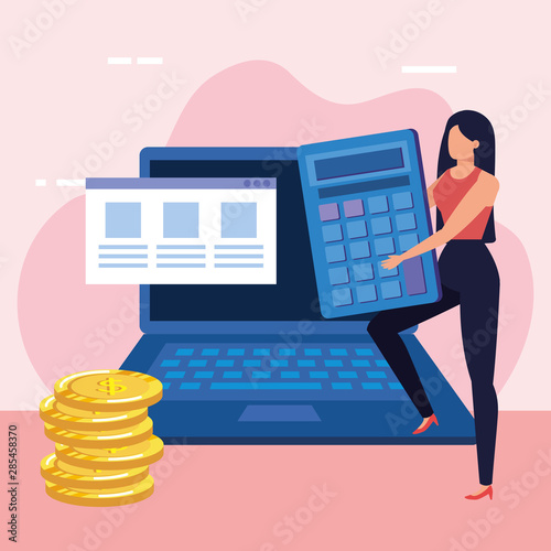 young woman with calculator math character