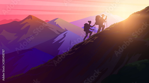 Hiking uphill. Sunrise in the mountains. Foggy layered landscape. Silhouette of tourists climbing to the top of the Swiss or Austrian Alps. Camping and sunset concept. Vector Background for banner.