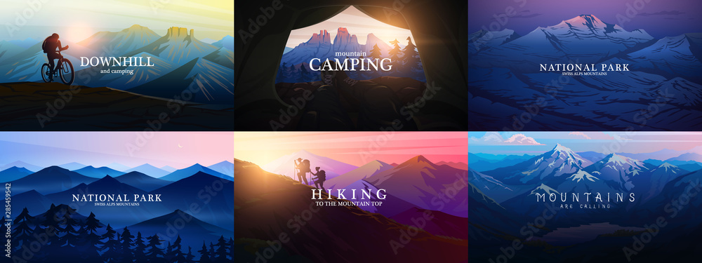 Set of layered mountains for poster. Dark blue landscape and sunset. Hiking and camping concept. Fog in a Swiss valley and forest. Vector Background. Traveler exploring the Austrian Alps. - obrazy, fototapety, plakaty 