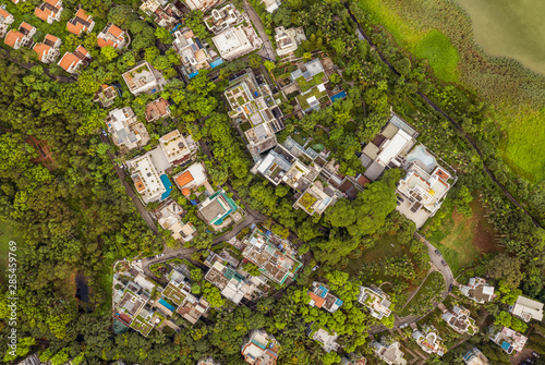 an aerial panorama of country-club style villa blocks in shenzhen, china