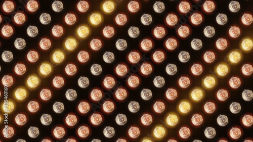3D rendering of a wall with flashing lights and bright spotlights. Perfect background with glow effects and lenses for collages, presentations of music videos and shows