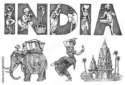  Set India culture. Elephant and temple, a woman in national dress and the inscription double exposure. Hand drawn engraved in vintage sketch style.