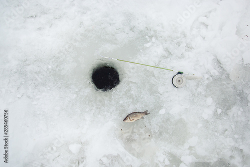 Ice and fishing rod for winter fishing. Winter fishing. Small catch of fish. photo